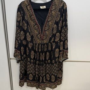 Maeve by Anthropologie Black and Beige Long Sleeve Boho Lined v-Neck Dress